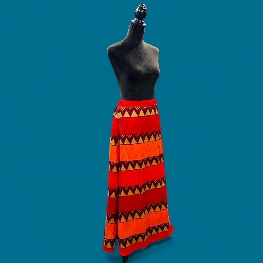 ZWARA Bold Geometric Tribal Gypsy Maxi Skirt Boho Elastic Waist Red Gold India